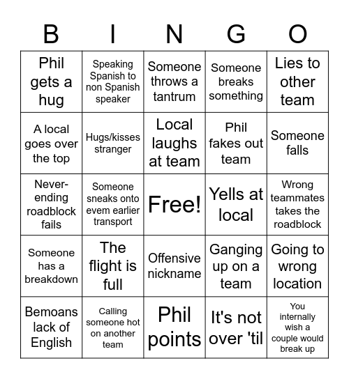 The Amazing Race Bingo Card