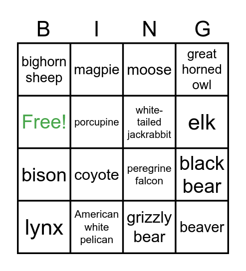 Urban Edmonton Wildlife Bingo Card