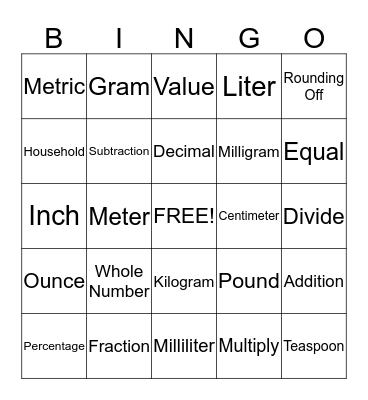 Unit H Medical Math  Bingo Card