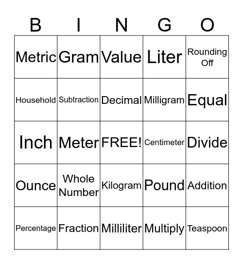 Unit H Medical Math  Bingo Card