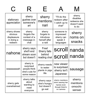 creamsherryart Bingo Card