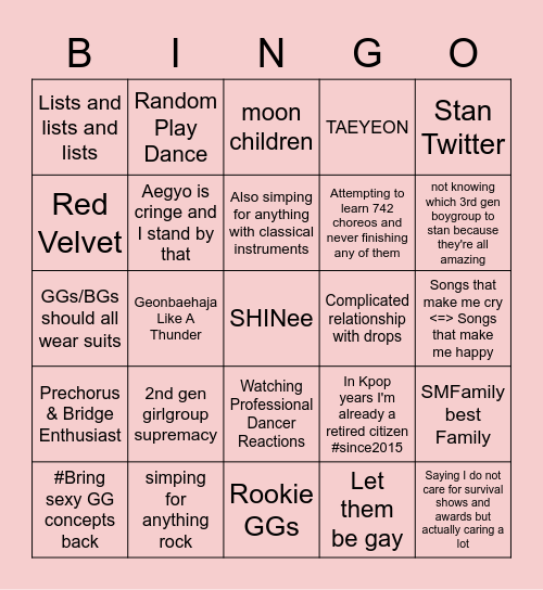 Vero as a Kpop Stan Bingo Card