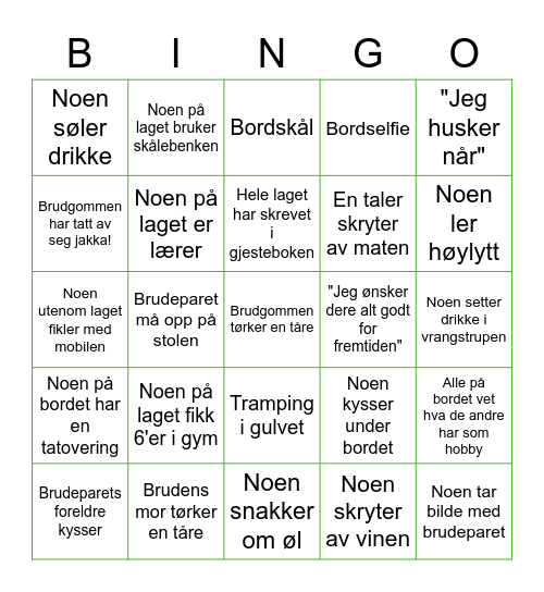 Bryllupsbingo Card