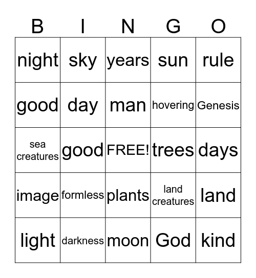 Genesis 1:1-26 Bingo Card
