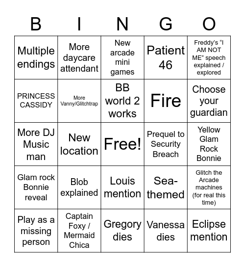 Security Breach DLC Bingo Card