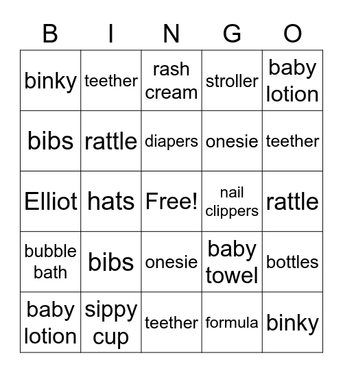 Baby Shower Bingo Card
