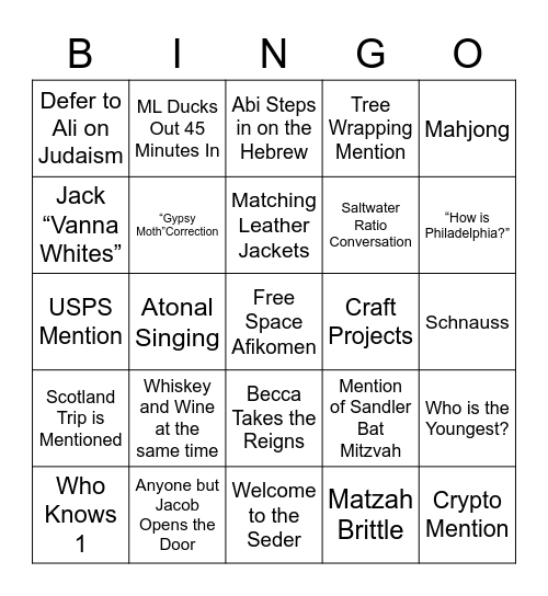 OSHINS SEDER BINGO Card