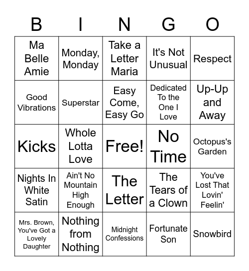 1960's #2 Bingo Card