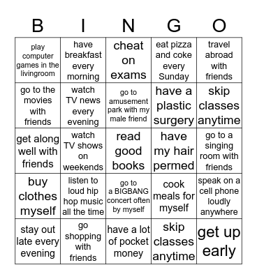 "My parents (don't) (let/help/make) me ______________." Bingo Card