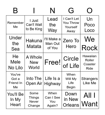 Disney Hits #1 Bingo Card