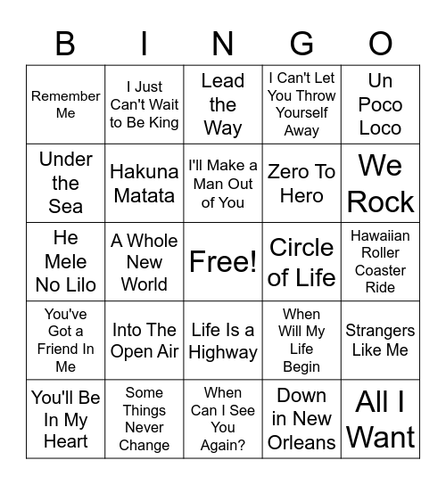 Disney Hits #1 Bingo Card