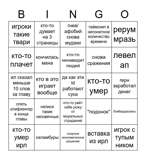 Игрок Нулевого Уровня бинго Bingo Card