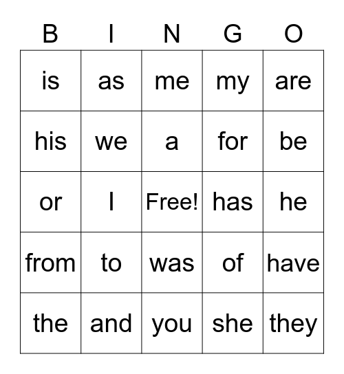 Trick Word Bingo Card
