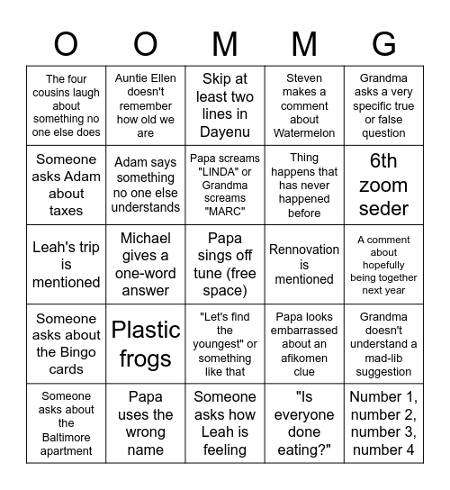 Passover Bingo 2022 Bingo Card