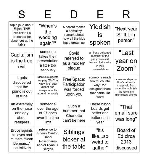 Passover 2022 Bingo Card