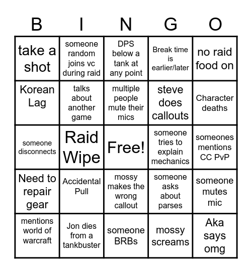 Jess Birthday Bingo (Raid) Bingo Card