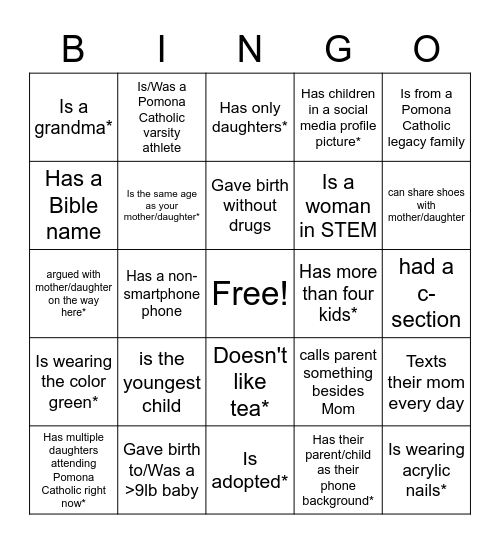 Mother Daughter Tea Bingo Card