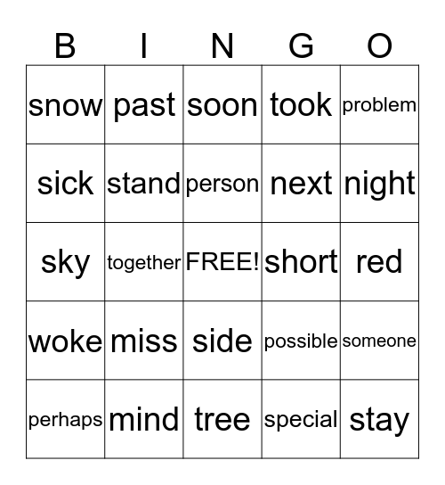 Sight Word Bingo Card