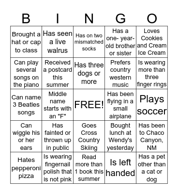 Getting to Know You Bingo Card