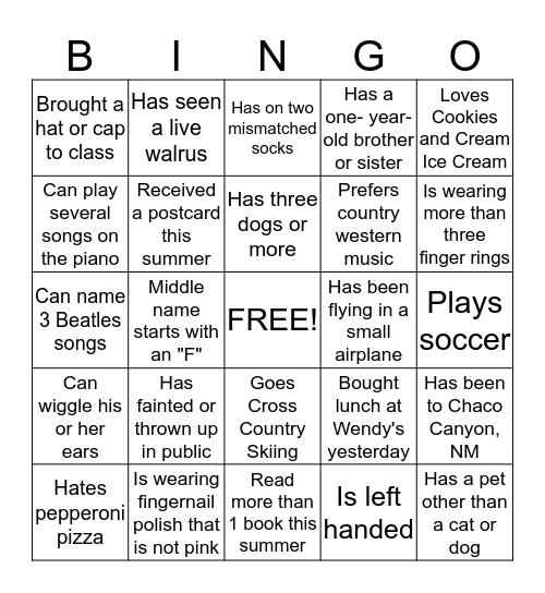 Getting to Know You Bingo Card