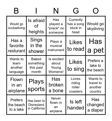 Young Women Get to Know You Bingo Card
