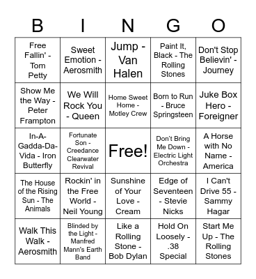Rock Music Bingo Card