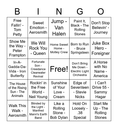 Rock Music Bingo Card