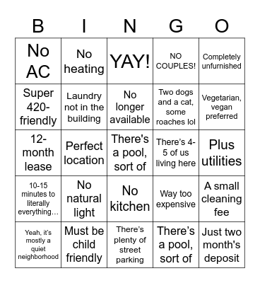 Finding a place to live Bingo Card