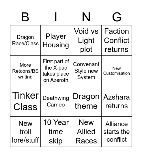 WoW New Expac Bingo Card