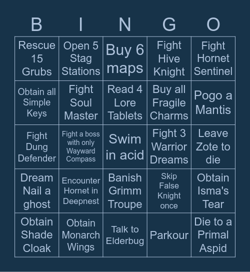 Hollow Knight Bingo Card