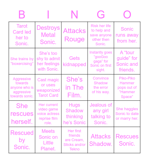 Amy Rose in Sonic 3 Movie Bingo Card