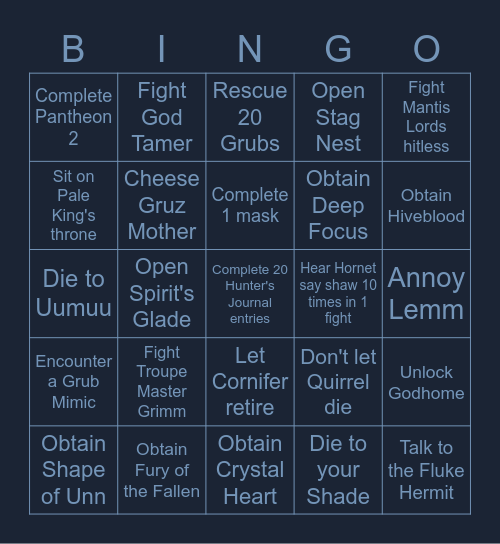 Hollow Knight Bingo Card