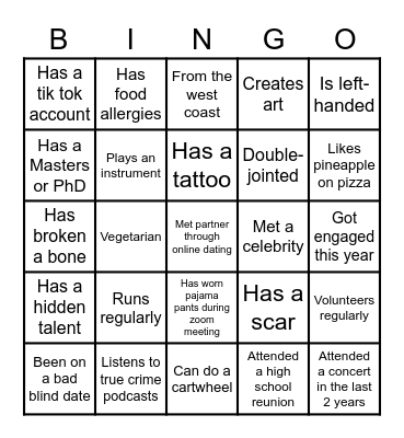 GET TO KNOW YOU Bingo Card