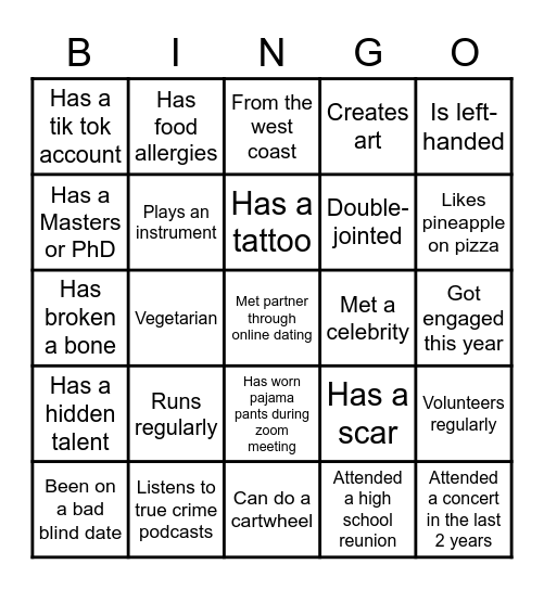 GET TO KNOW YOU Bingo Card