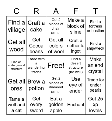 MINECRAFT BINGO v3.0 Bingo Card
