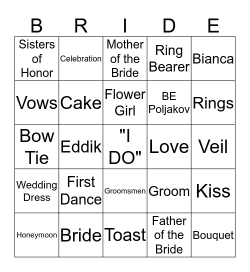 BE Bridal Bingo Card