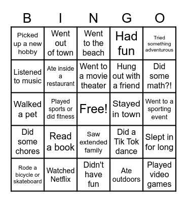 Spring Break Bingo Card