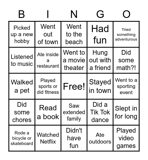 Spring Break Bingo Card