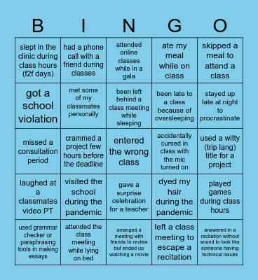 Never Have I Ever Bingo Card