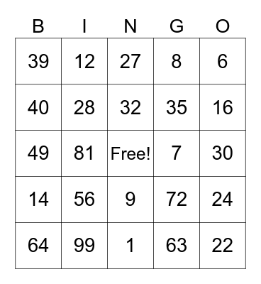 Multiplication Bingo Card