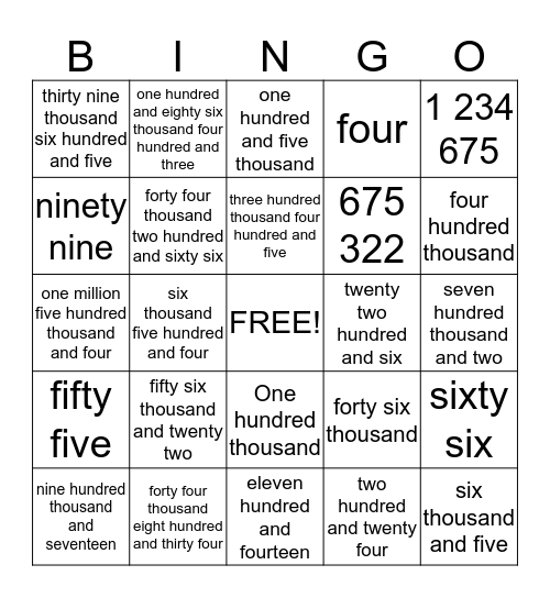 Large Number Bingo Card