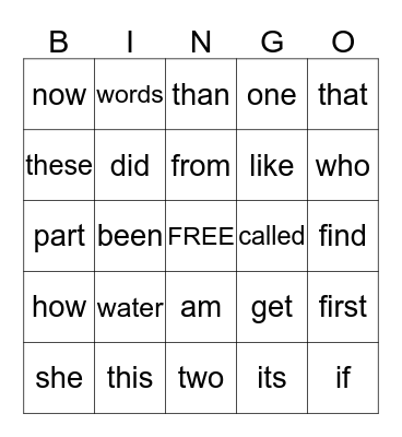 Sight Words Bingo Card
