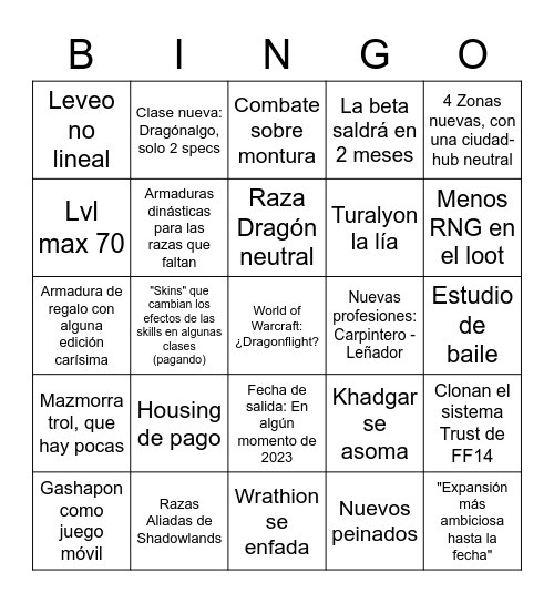 World of Warcraft: ¿Dragonflight? Bingo Card