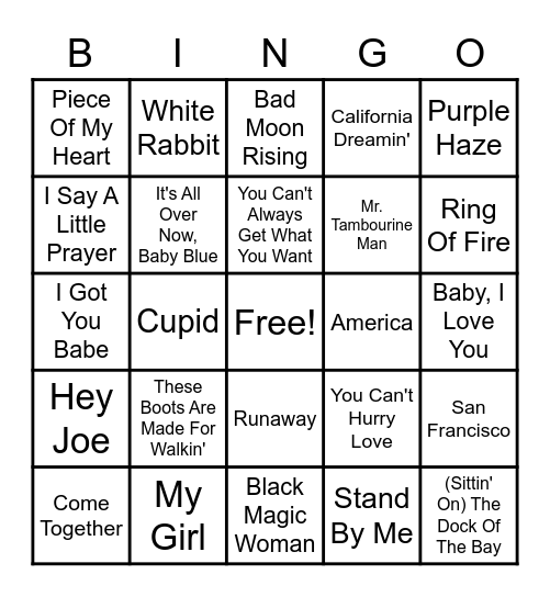 1960's PLAYLIST #1 Bingo Card