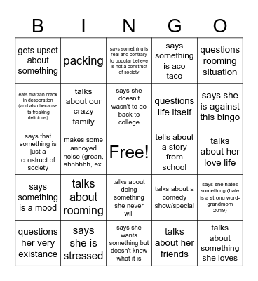 Shayna 4/17/2022 Bingo Card