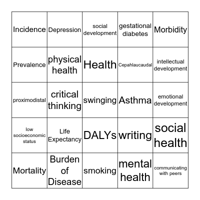 Health and development Bingo Card