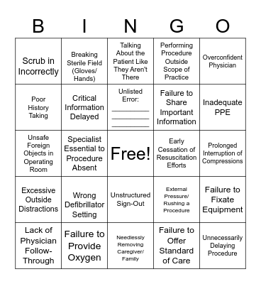 Medical Error Bingo Card