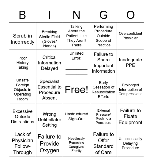 Medical Error Bingo Card