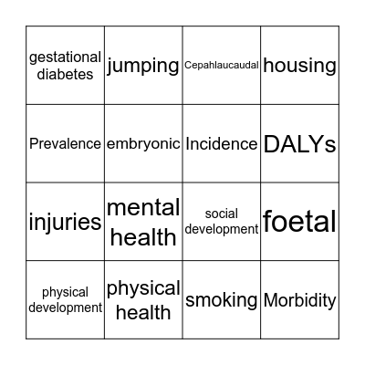 Health and Dev Terms- Ch 4-7 Bingo Card