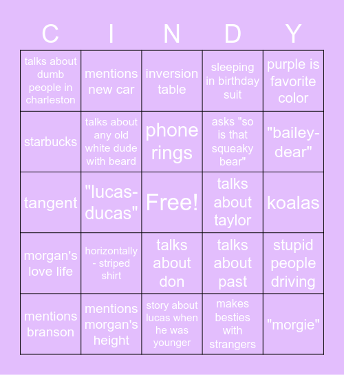 Cindy-isms Bingo Card